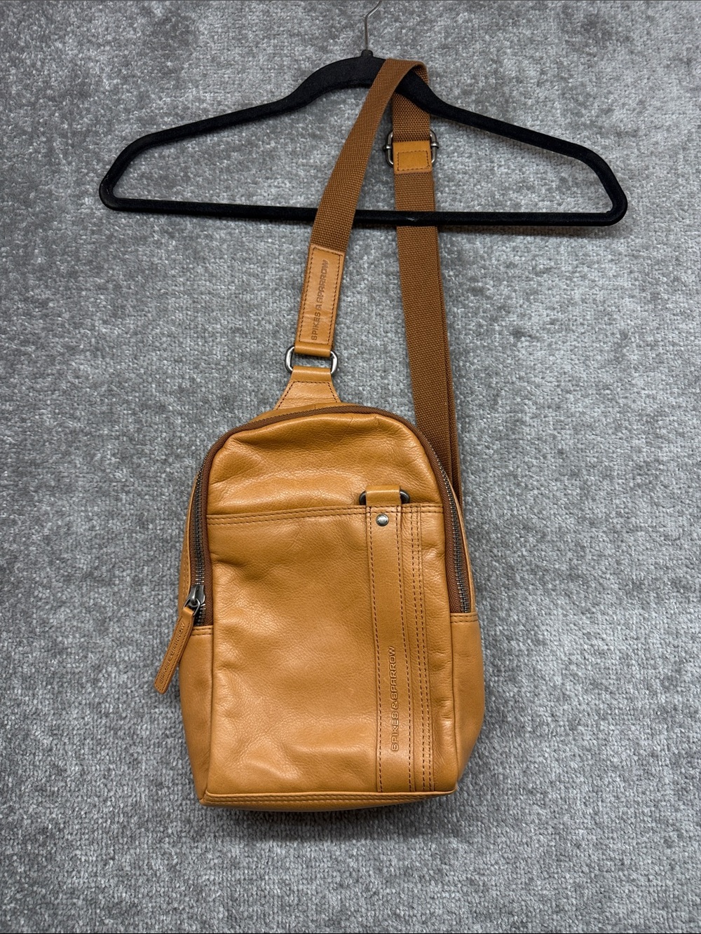 Spikes & Sparrow Leather Sling Bag Cognac Brown Crossbody Backpack Adjustable